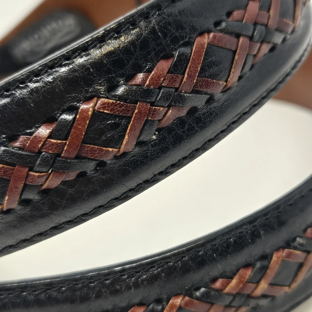 BRIGHTON BLACK LEATHER BELT CHOCOLATE BROWN BRAIDED STITCHING MEN 36 WESTERN